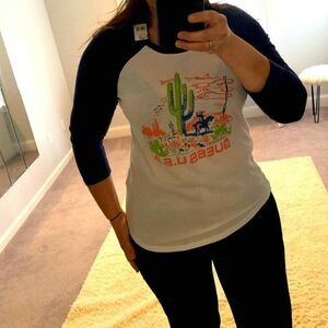 Guess Long Sleeve White Top with Navy Arms. Size Large. New. Great with jeans!